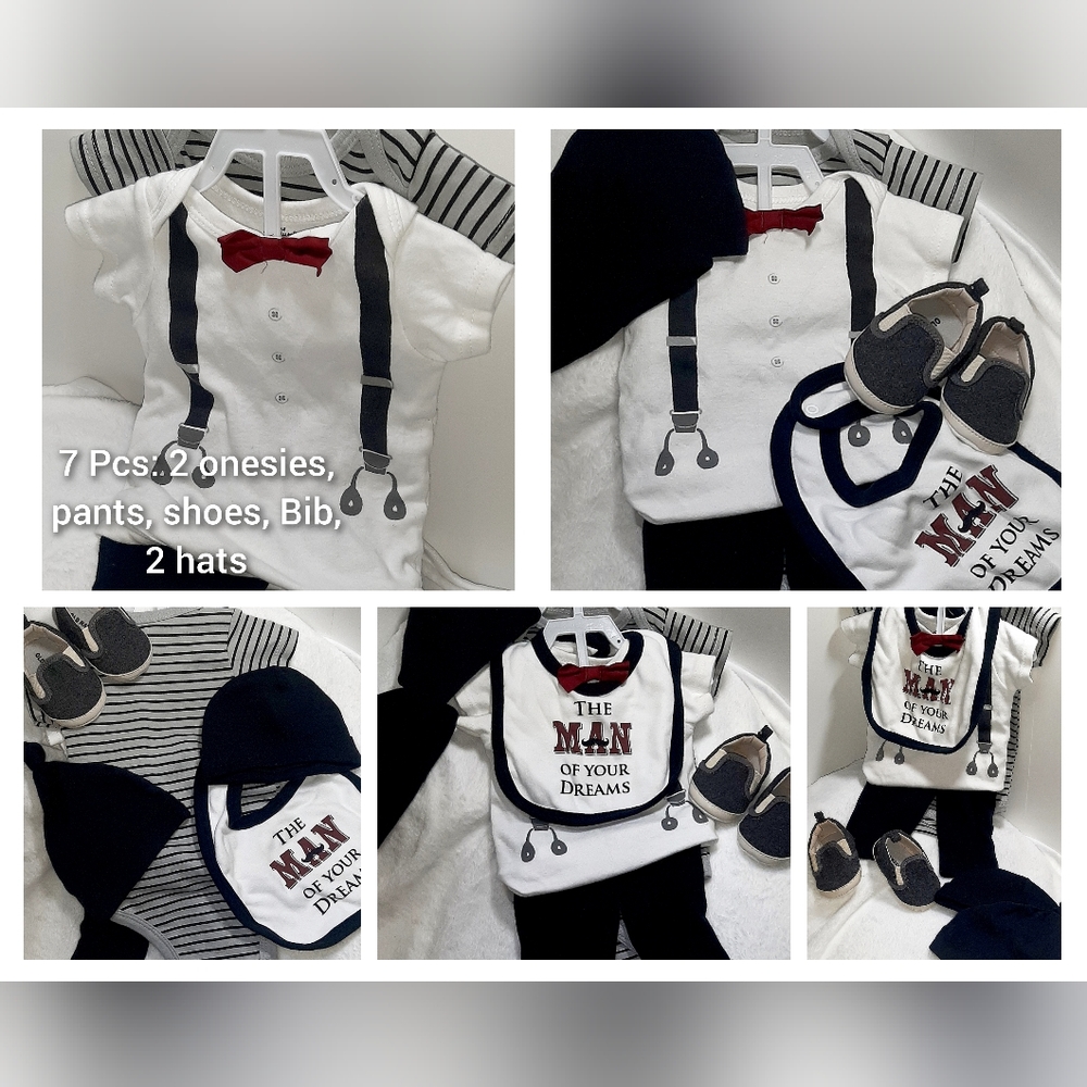 7 pc Outfit with extra hat & gap shoes. 2 onesies 2 hats 1 pants shoes bib